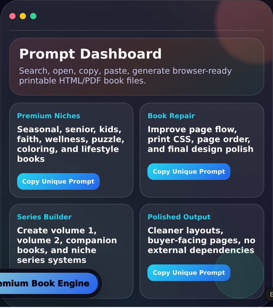 AI Printables Prompt Factory Book Engine dashboard preview