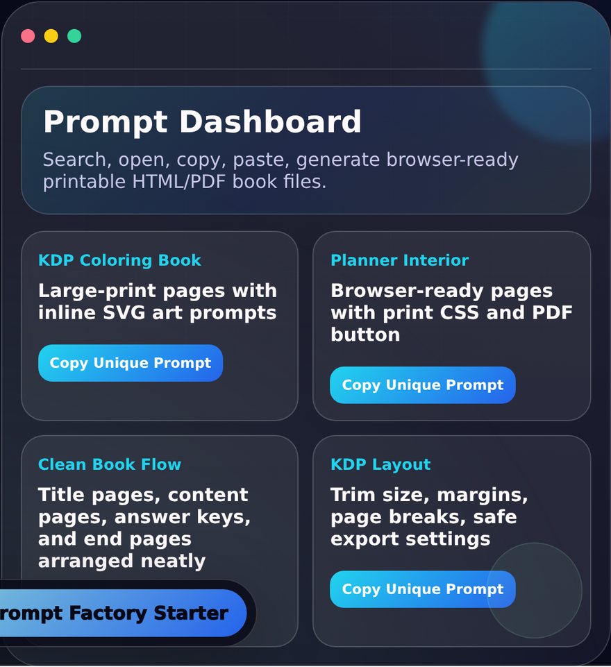 AI Printables Prompt Factory Starter dashboard preview